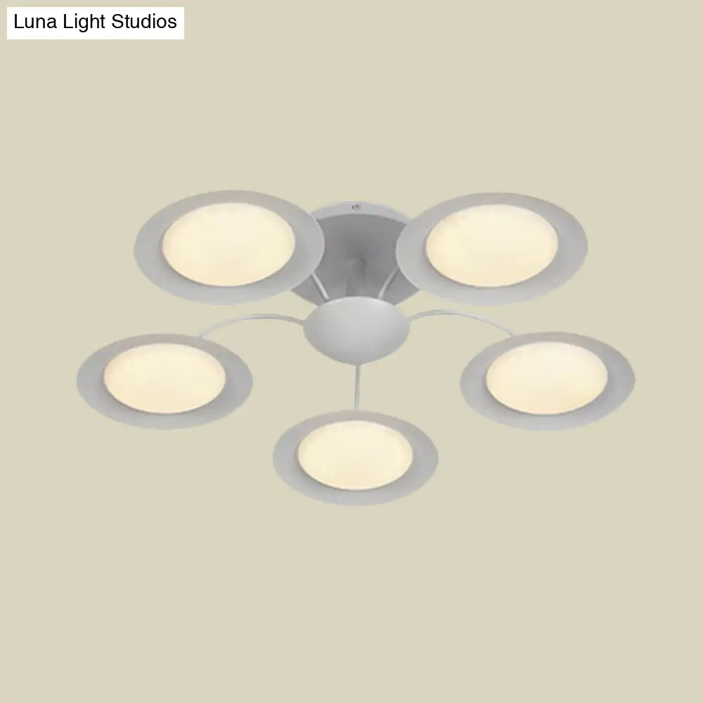 Contemporary 5-Head Radial White Led Semi Flush Mount Light With Acrylic Shade