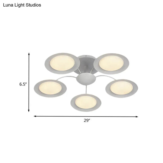 Contemporary 5-Head Radial White Led Semi Flush Mount Light With Acrylic Shade