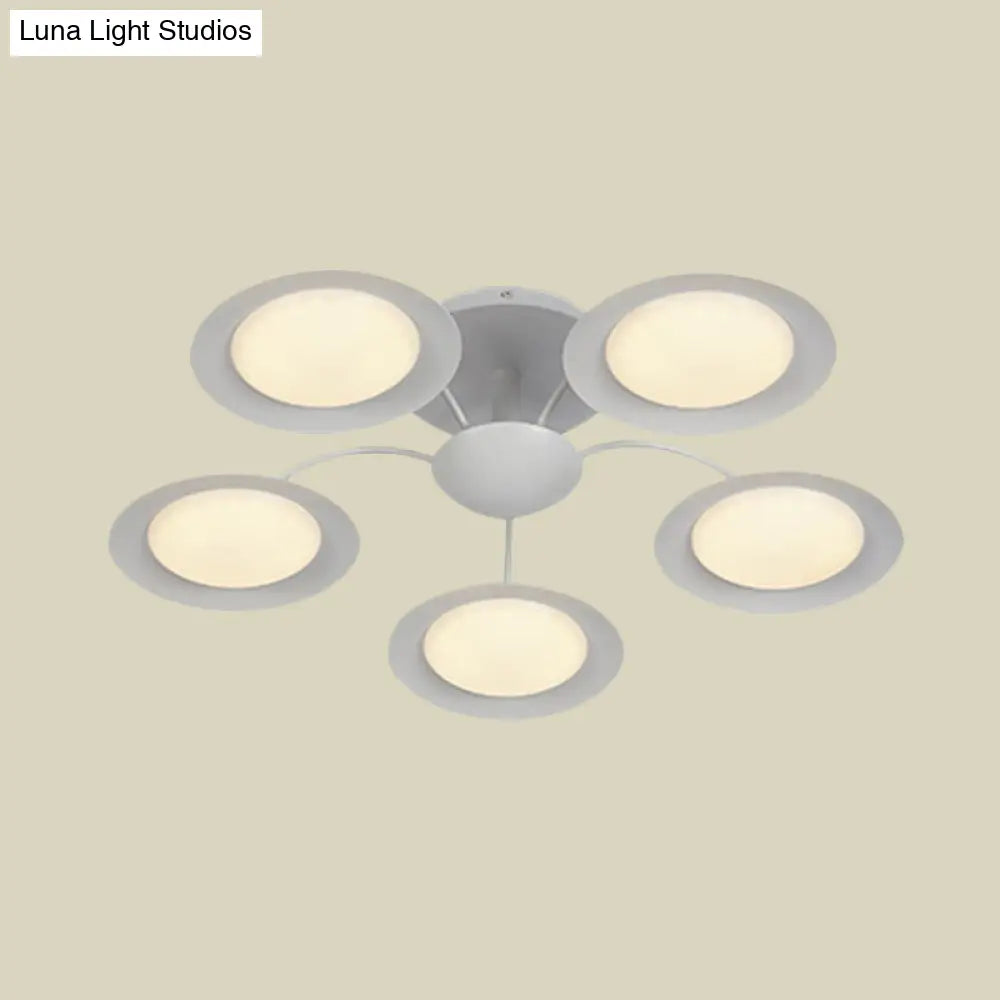Contemporary 5-Head Radial White Led Semi Flush Mount Light With Acrylic Shade