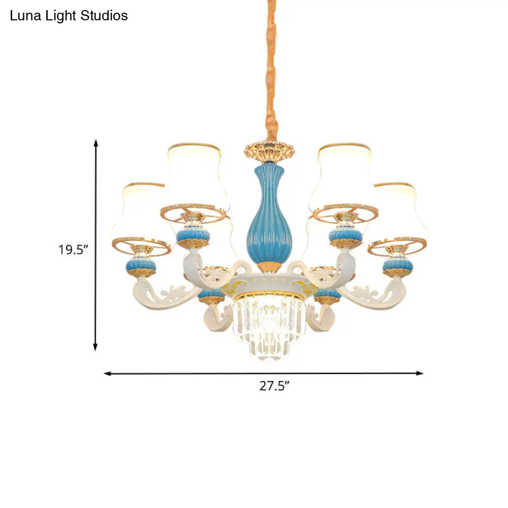 Contemporary Blue And White Chandelier With Opal Glass Crystal Hangings