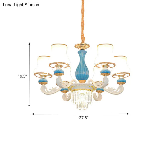 Contemporary 6-Head Blue And White Chandelier With Opal Glass Crystal Pendant