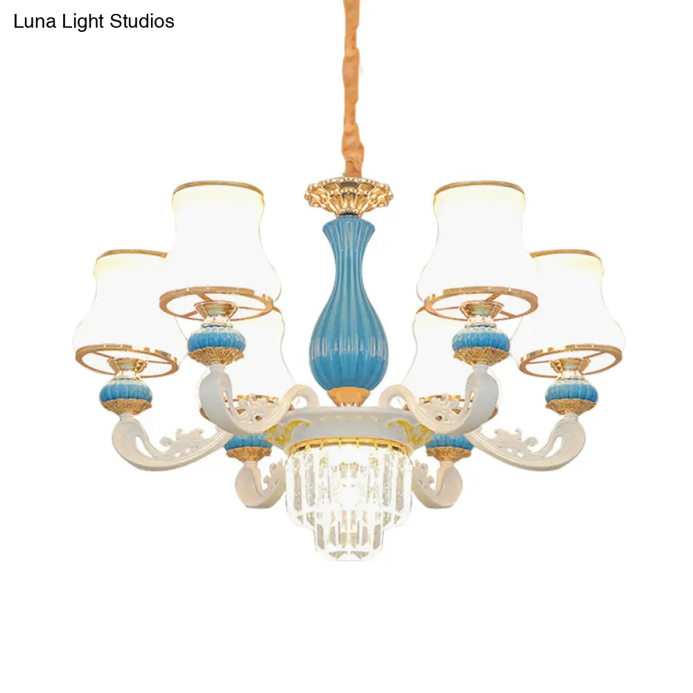 Contemporary 6-Head Blue And White Chandelier With Opal Glass Crystal Pendant