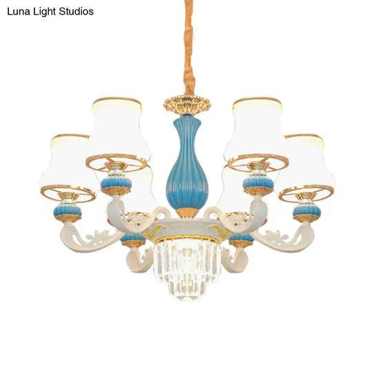 Contemporary 6-Head Blue And White Chandelier With Opal Glass Crystal Pendant