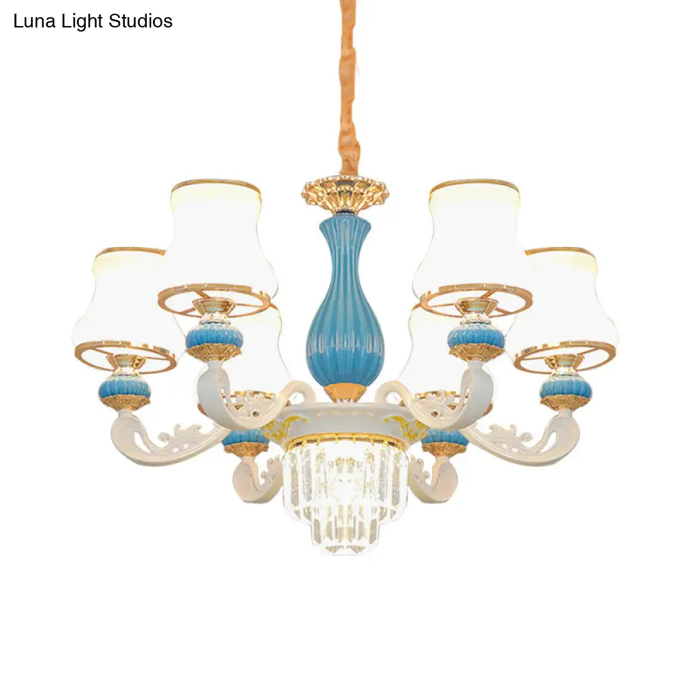 Contemporary Blue And White Chandelier With Opal Glass Crystal Hangings