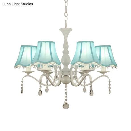 Contemporary 6-Light Pink/Blue Scalloped Fabric Pendant Chandelier With Crystal Droplet