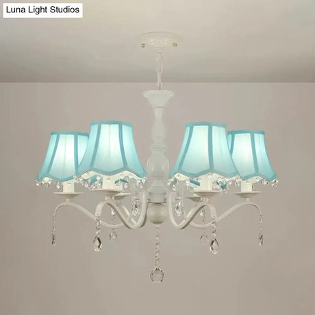 Contemporary 6-Light Pink/Blue Scalloped Fabric Pendant Chandelier With Crystal Droplet