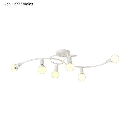 Contemporary 6-Light Semi Flush Light Fixture With Curved Arm And Opal Glass Shade