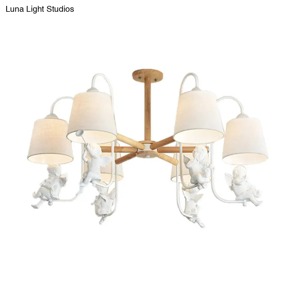 Contemporary White Barrel Chandelier Lamp - 6-Head Fabric Suspension Light With Angel Decoration