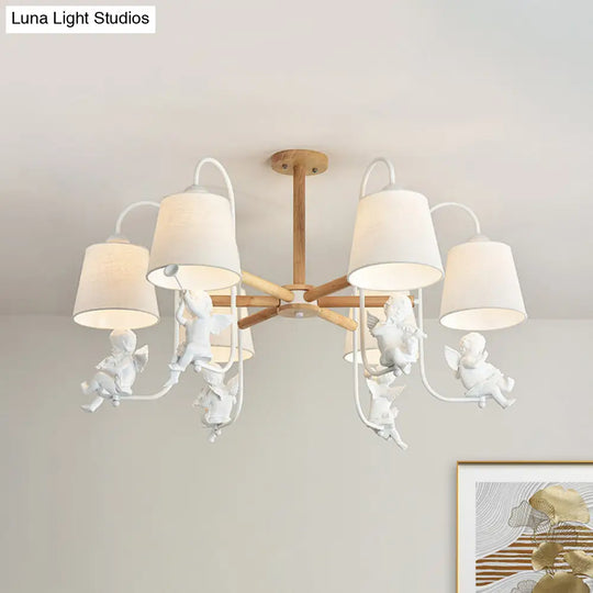 Contemporary White Barrel Chandelier Lamp - 6-Head Fabric Suspension Light With Angel Decoration