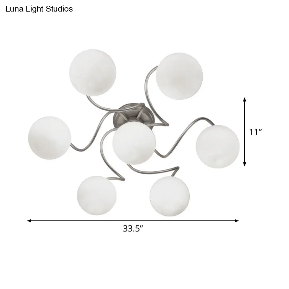 Contemporary 7-Light Semi Flush Lamp With Frosted White Glass Shade - Silver Modo Ceiling Fixture