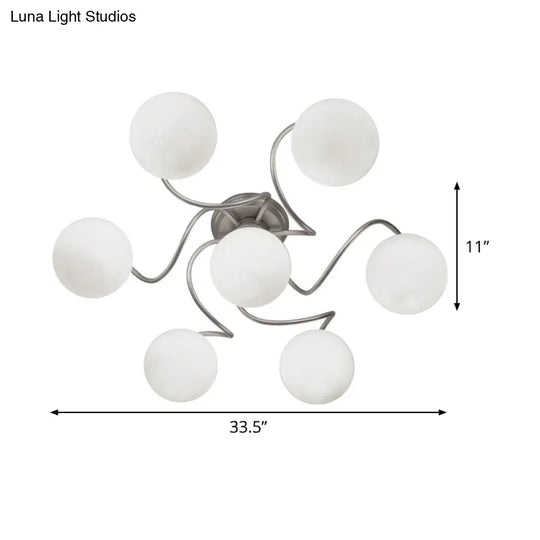Contemporary 7-Light Semi Flush Lamp With Frosted White Glass Shade - Silver Modo Ceiling Fixture