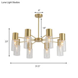 Contemporary 8-Light Brass Chandelier With Clear Glass Shade