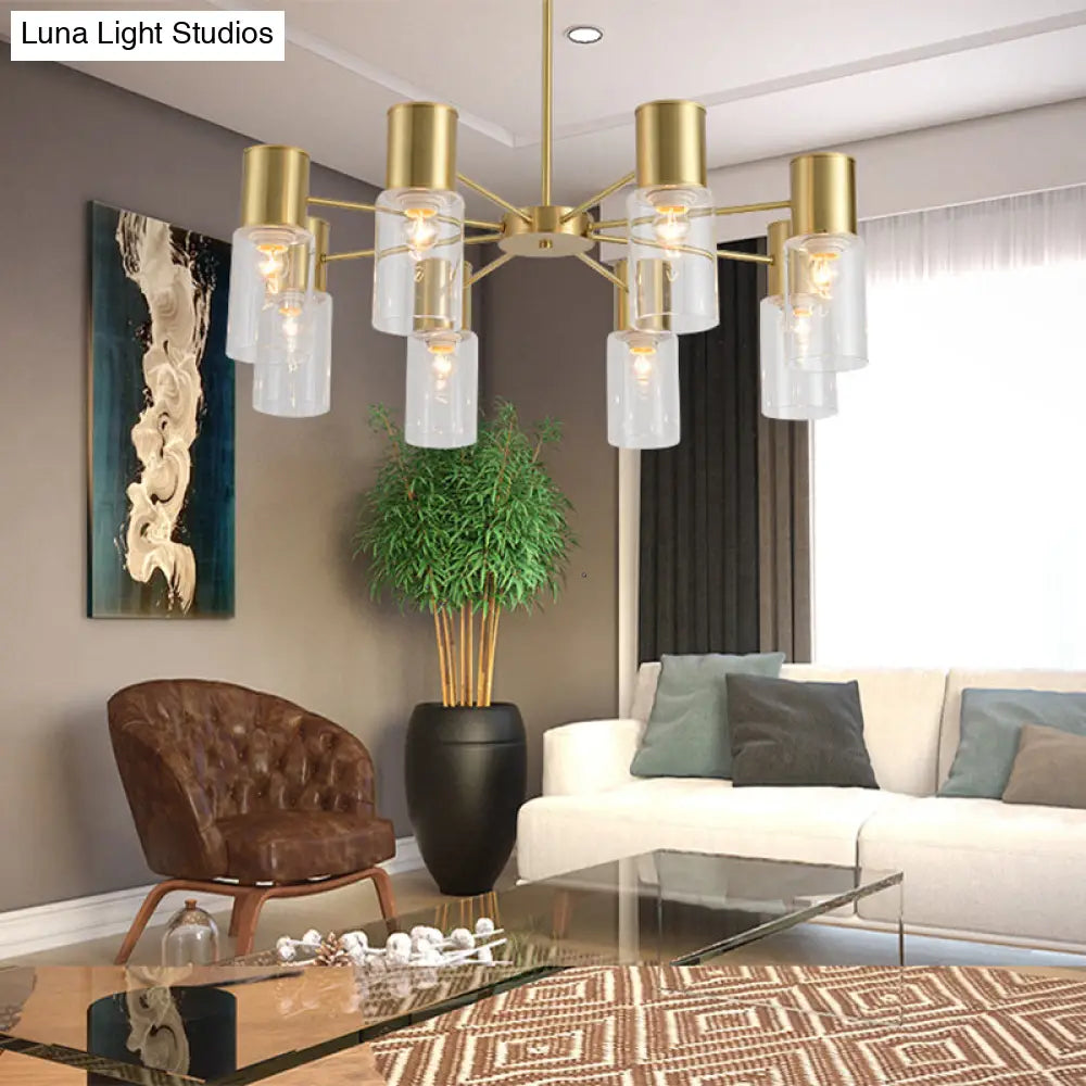 Contemporary 8-Light Brass Chandelier With Clear Glass Shade