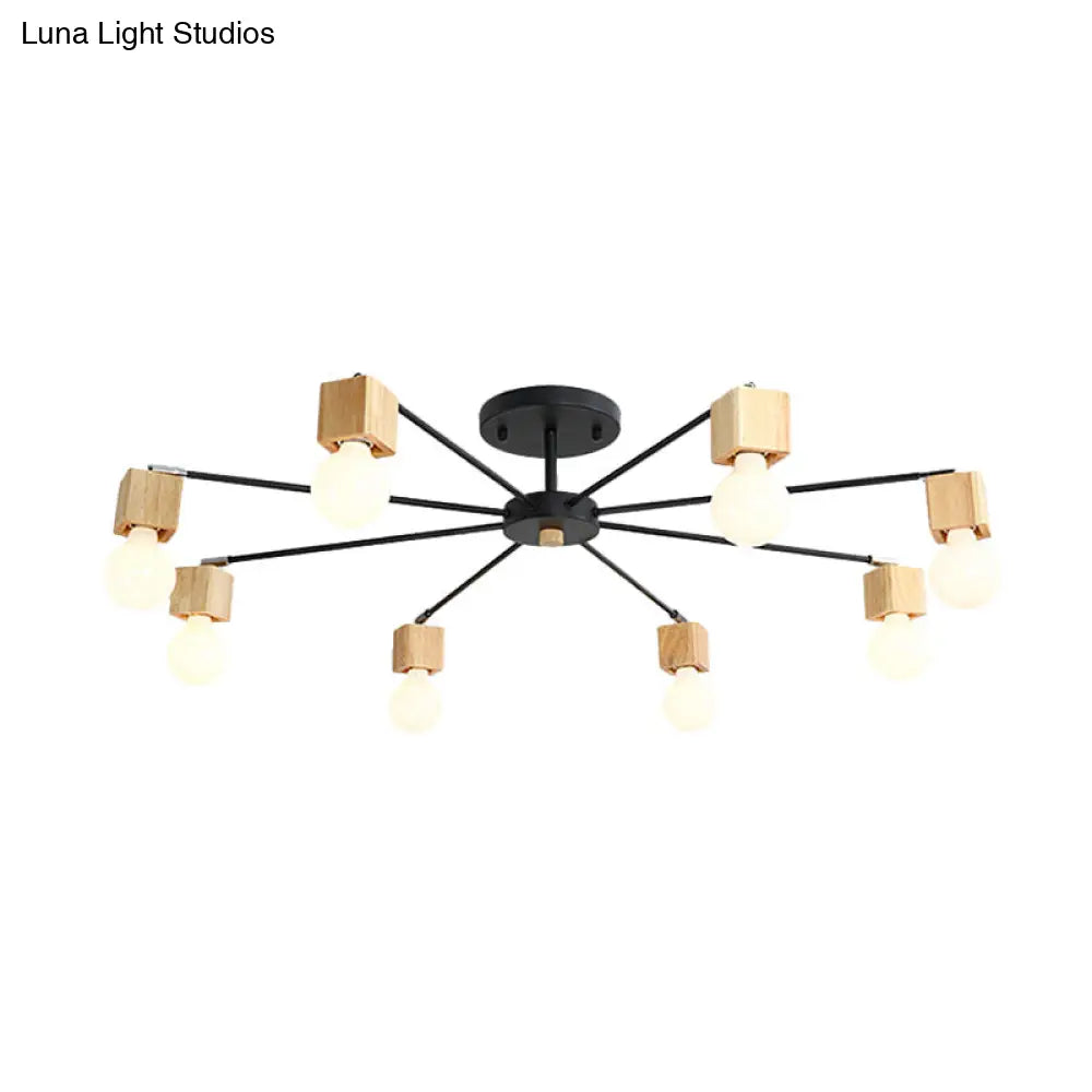 Contemporary 8-Light Metal Flush Lamp With Cube Wood Cap In Black