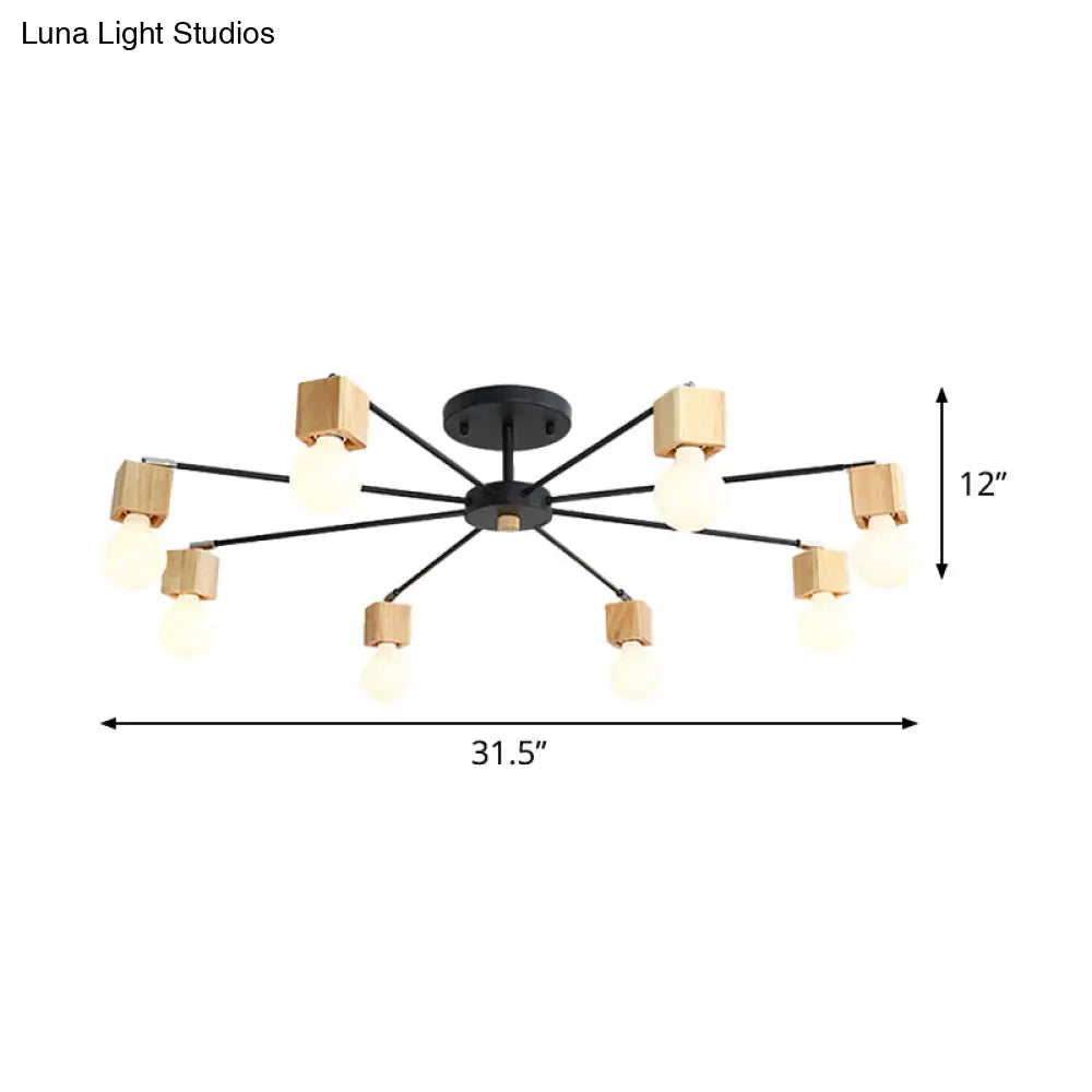 Contemporary 8-Light Metal Flush Lamp With Cube Wood Cap In Black