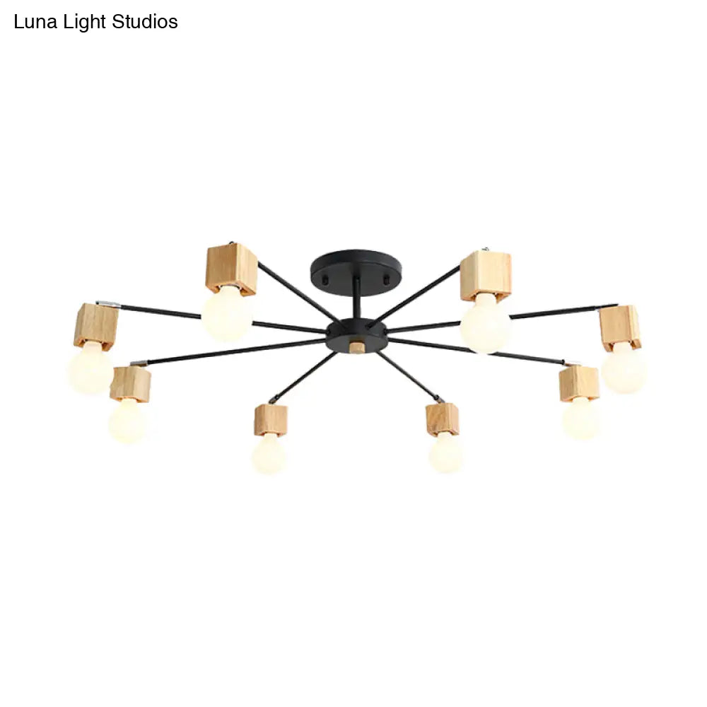 Contemporary 8-Light Metal Flush Lamp With Cube Wood Cap In Black