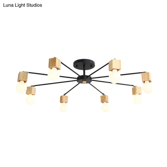 Contemporary 8-Light Metal Flush Lamp With Cube Wood Cap In Black