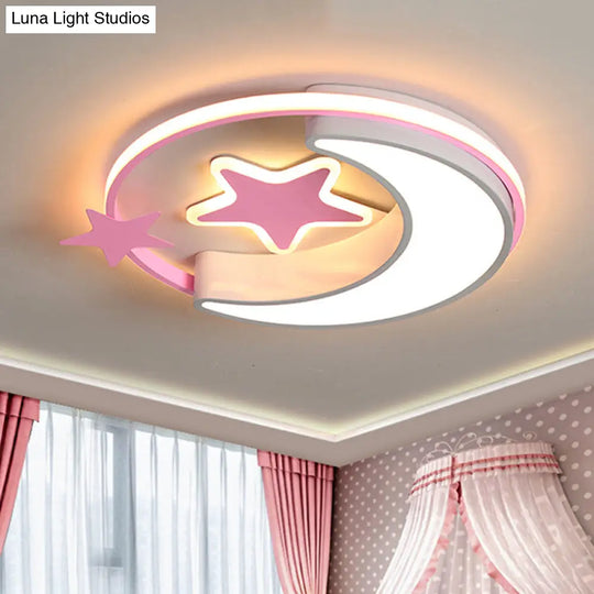 Contemporary Acrylic Flushmount Light For Kids Bedroom - Crescent And Star Design In Pink/Gold/Blue