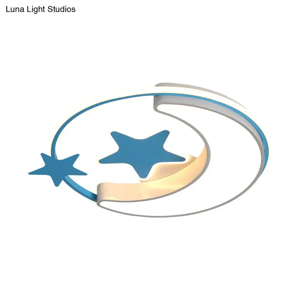 Contemporary Acrylic Flushmount Light For Kids Bedroom - Crescent And Star Design In Pink/Gold/Blue