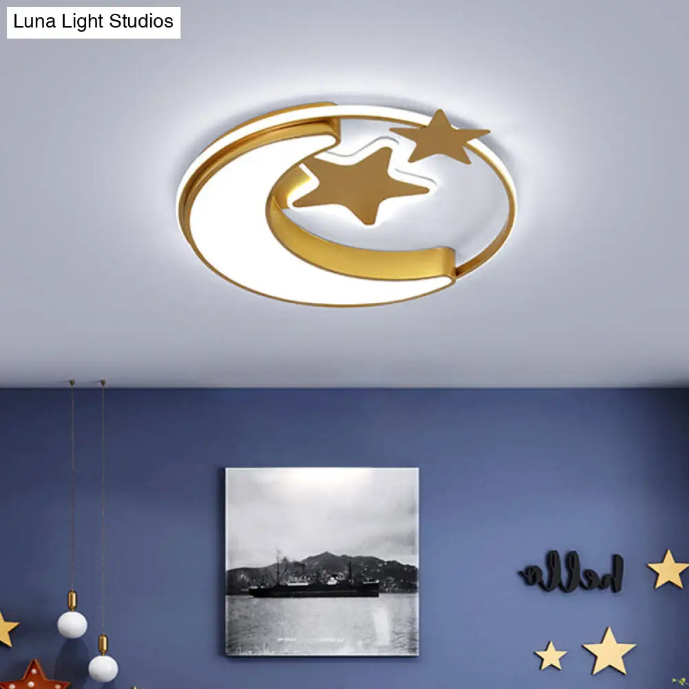 Contemporary Acrylic Flushmount Light For Kids Bedroom - Crescent And Star Design In Pink/Gold/Blue