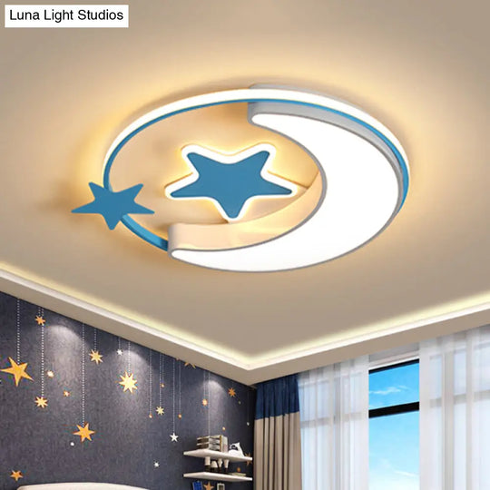 Contemporary Acrylic Flushmount Light For Kids Bedroom - Crescent And Star Design In Pink/Gold/Blue