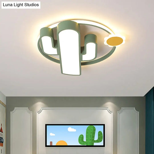 Contemporary Acrylic Green Led Flush Mount Lamp With Sun Design - Perfect For Nursery Warm/White