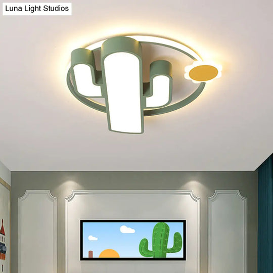 Contemporary Acrylic Green Led Flush Mount Lamp With Sun Design - Perfect For Nursery Warm/White
