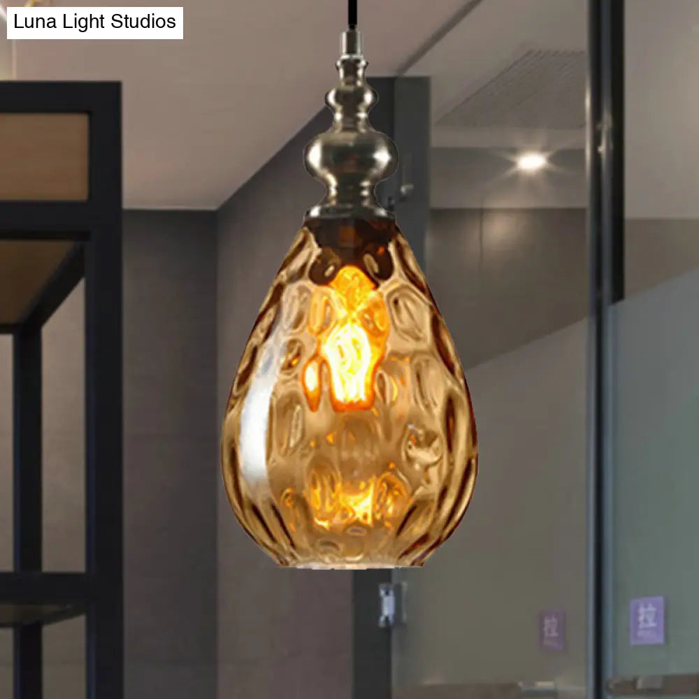Contemporary Amber/Clear Dimple Glass Water Drop Pendant Lamp - 6/8 Wide 1 Head Bedside Hanging