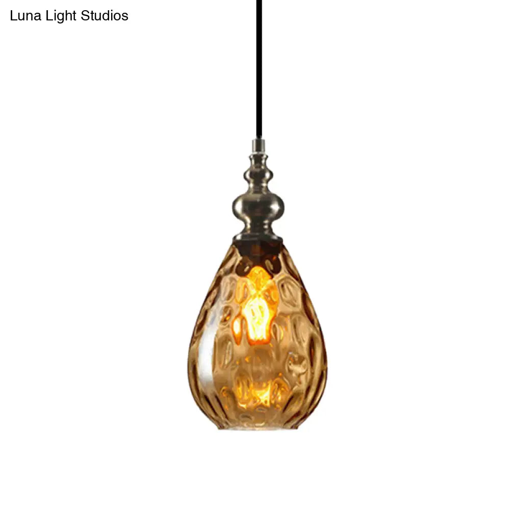 Contemporary Amber/Clear Dimple Glass Water Drop Pendant Lamp - 6/8 Wide 1 Head Bedside Hanging