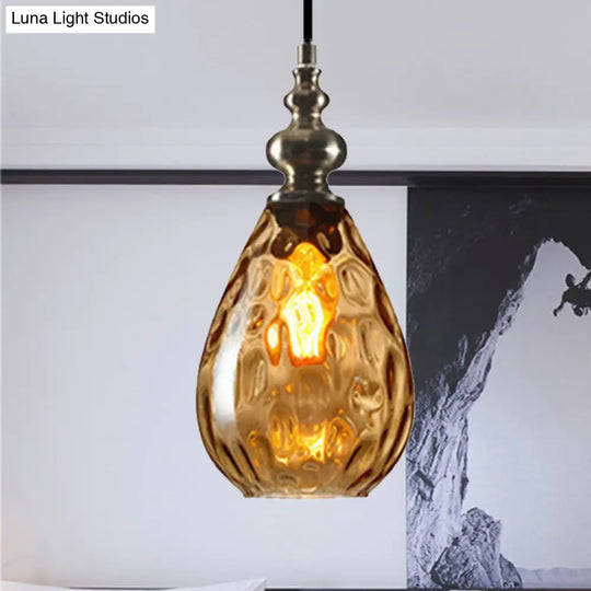 Contemporary Amber/Clear Dimple Glass Water Drop Pendant Lamp - 6/8 Wide 1 Head Bedside Hanging