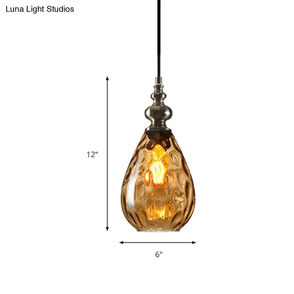 Contemporary Amber/Clear Dimple Glass Water Drop Pendant Lamp - 6/8 Wide 1 Head Bedside Hanging