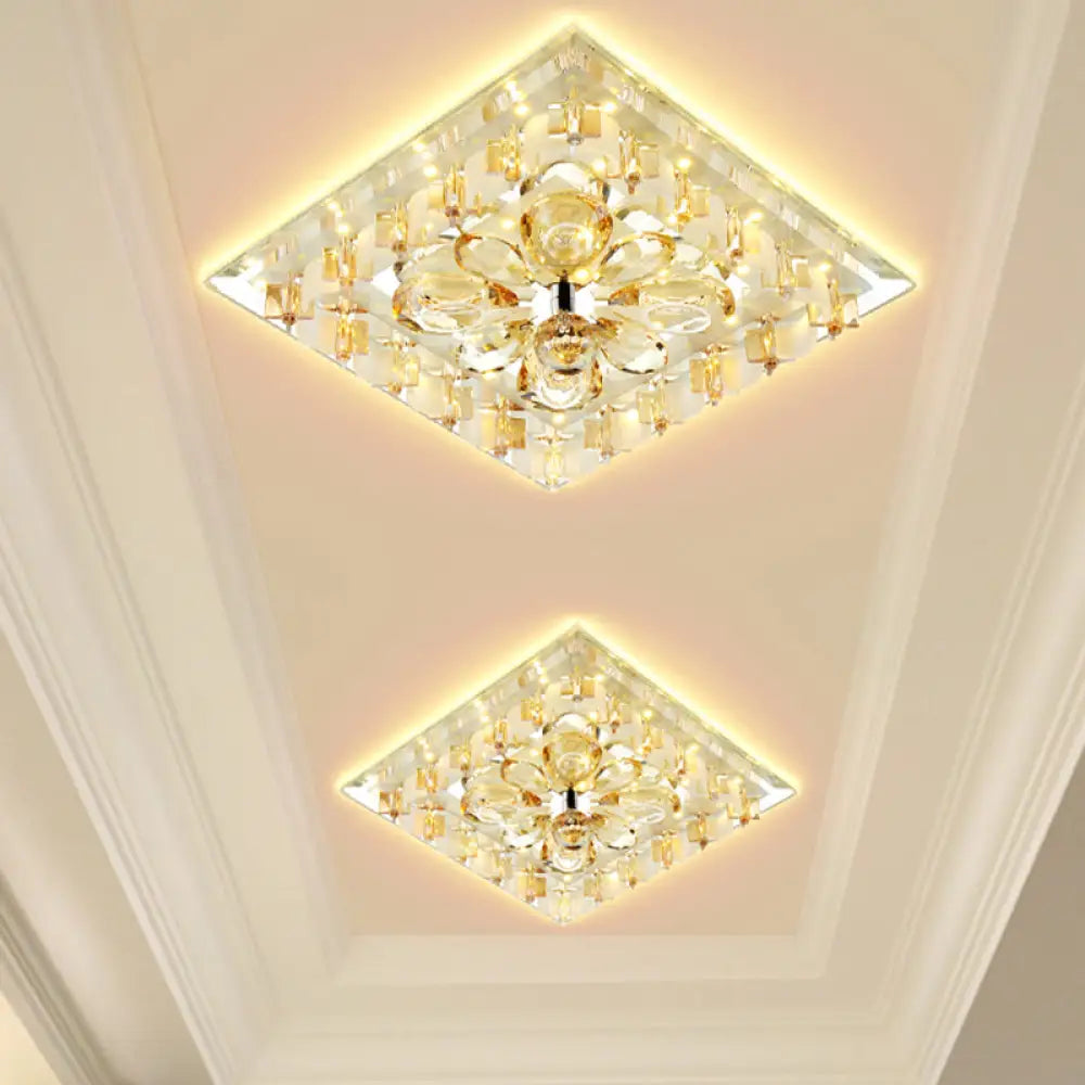 Contemporary Amber Crystal Led Flush Light For Hallway With Warm/White / White
