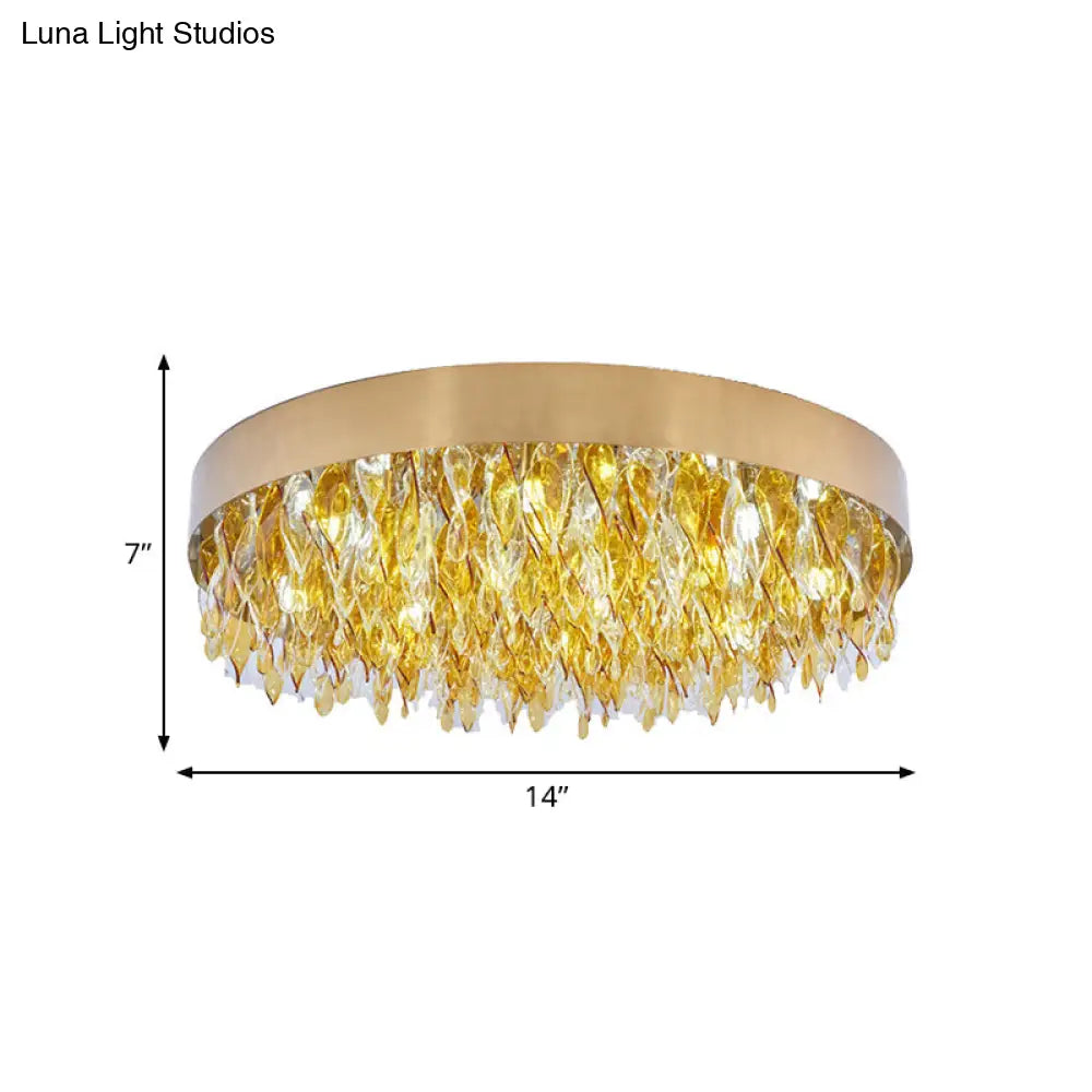 Contemporary Amber Crystal Teardrop Flush Mount Ceiling Fixture - 6 Lights Bedroom Gold
