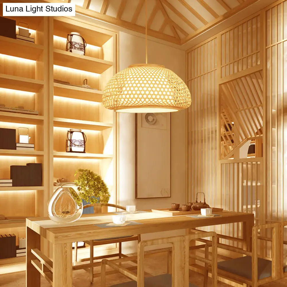 Contemporary Bamboo Bowl Pendant Light Kit - 16/19/23.5 Wide 1 Bulb Wood Hanging Suspension