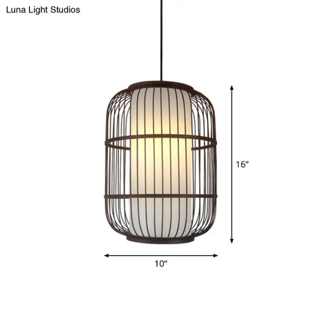Contemporary Bamboo Cage Hanging Lamp With Coffee Finish And Single Bulb Suspension