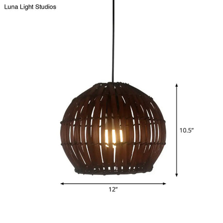 Contemporary Bamboo Cage Hanging Lamp With Coffee Finish And Single Bulb Suspension