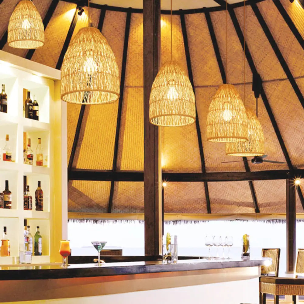 Contemporary Bamboo Cone Pendant Light Kit - 12.5’/16’ W Elongated 1 Hanging Lamp In Beige For