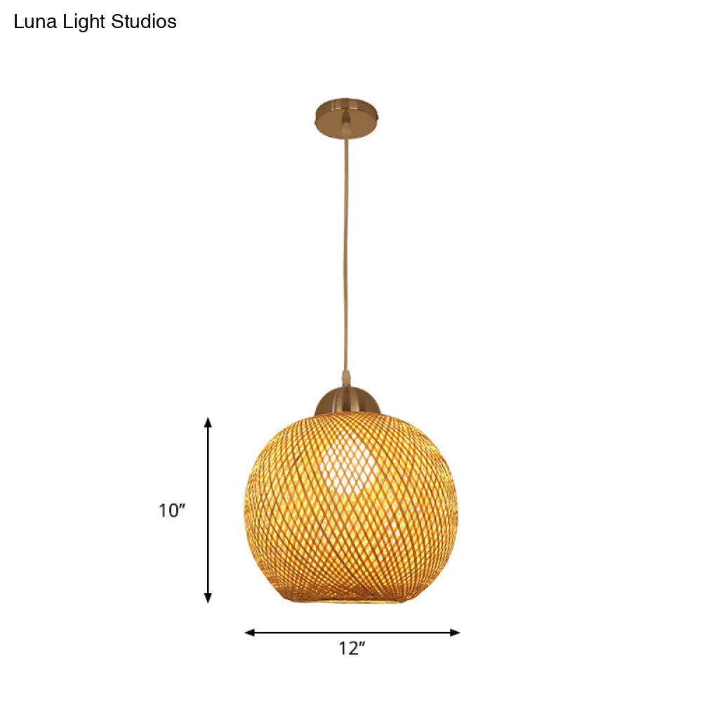 Contemporary Bamboo Globe Pendant Light Kit - Wood Hanging 12/14 Wide