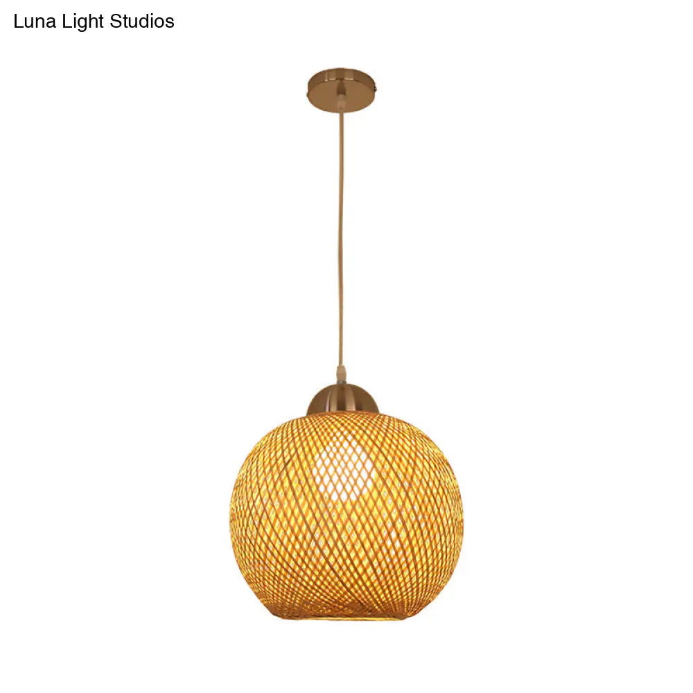 Contemporary Bamboo Globe Pendant Light Kit - Wood Hanging 12/14 Wide