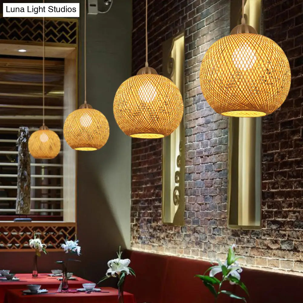 Contemporary Bamboo Globe Pendant Light Kit - Wood Hanging 12/14 Wide