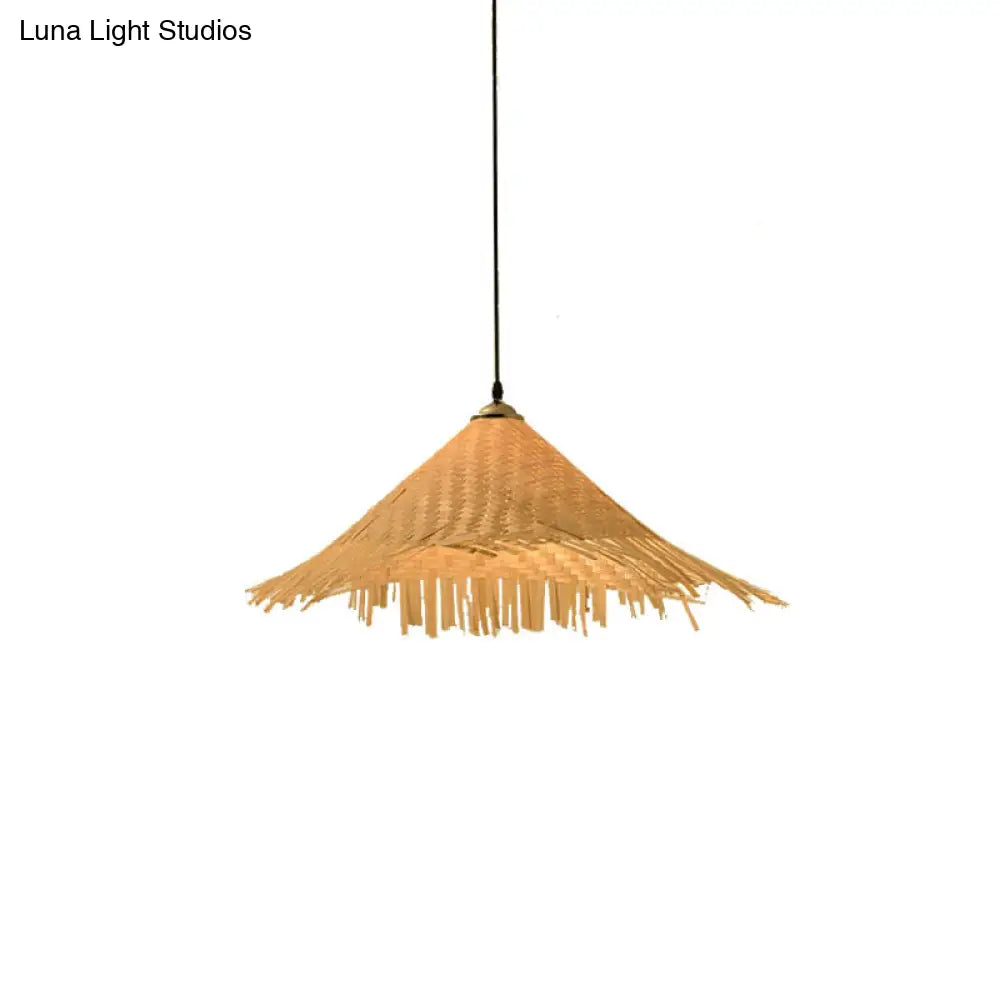 Contemporary Bamboo Pendant Light With Hat Shape: Single-Bulb Wood Suspension Fixture