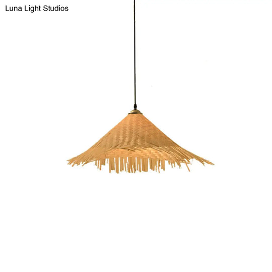 Contemporary Bamboo Pendant Light With Hat Shape: Single-Bulb Wood Suspension Fixture