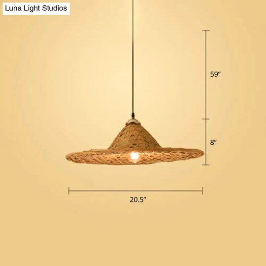 Contemporary Bamboo Pendant Light With Hat Shape: Single-Bulb Wood Suspension Fixture