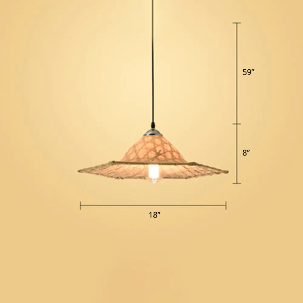 Contemporary Bamboo Pendant Light With Hat Shape: Single-Bulb Wood Suspension Fixture / F