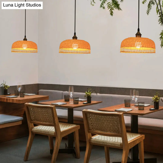 Contemporary Bamboo Wood Dome Pendant Light With Suspension - 1 Bulb Hanging Fixture