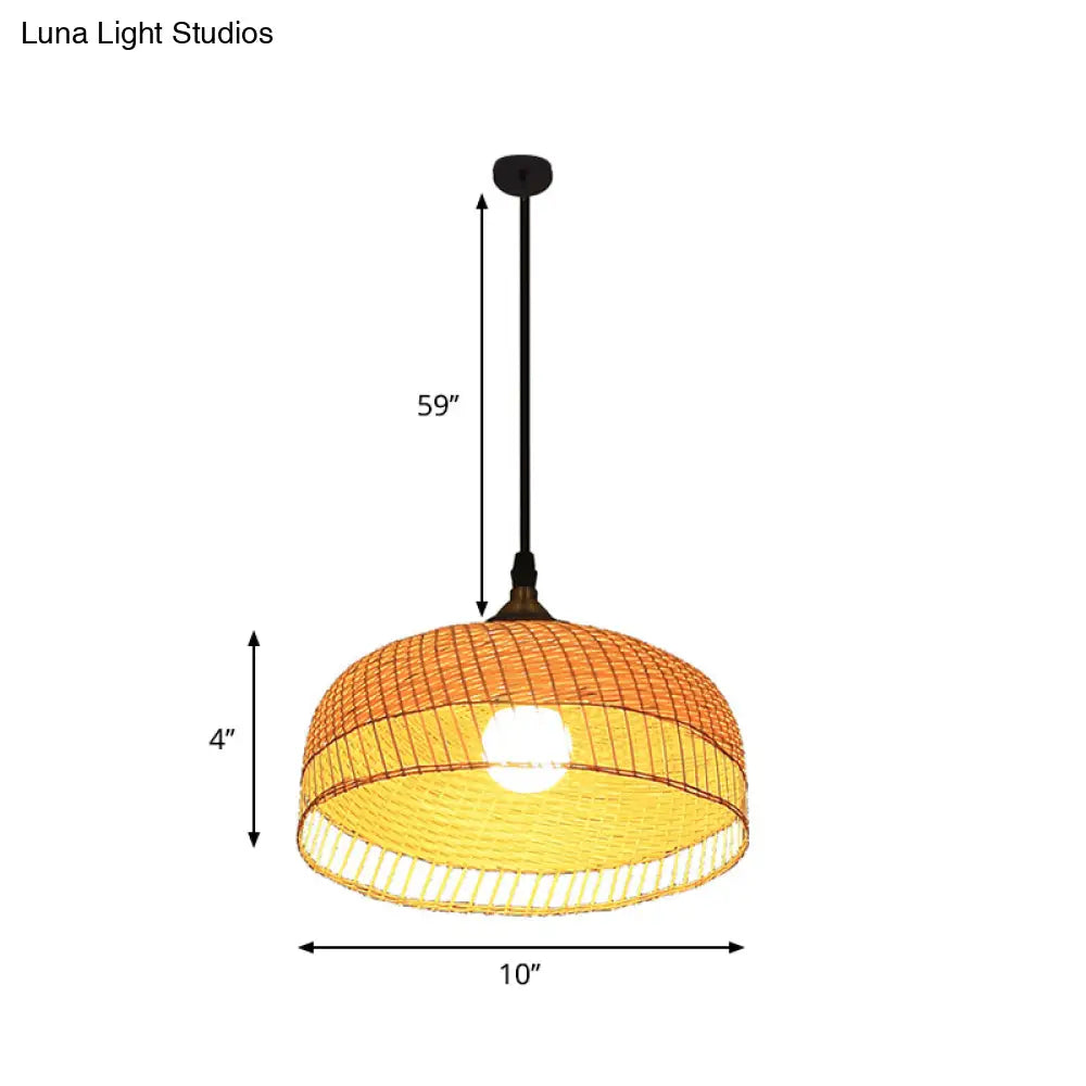 Contemporary Bamboo Wood Dome Pendant Light With Suspension - 1 Bulb Hanging Fixture