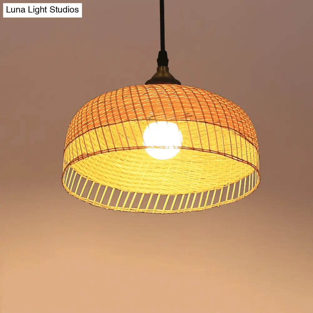 Contemporary Bamboo Wood Dome Pendant Light With Suspension - 1 Bulb Hanging Fixture