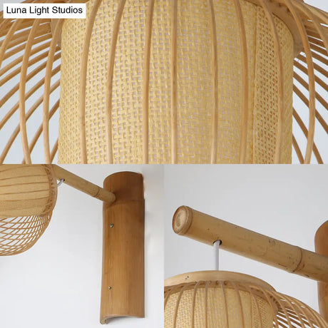 Contemporary Bamboo Wood Pumpkin Wall Lamp With Inner Cylinder Parchment Shade - 1 Bulb Sconce Light