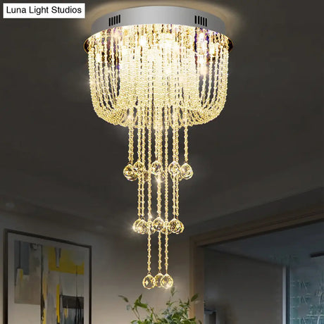 Contemporary Beaded Crystal Led Flush Light Fixture - Nickel Mount Ceiling Lighting For Living Room