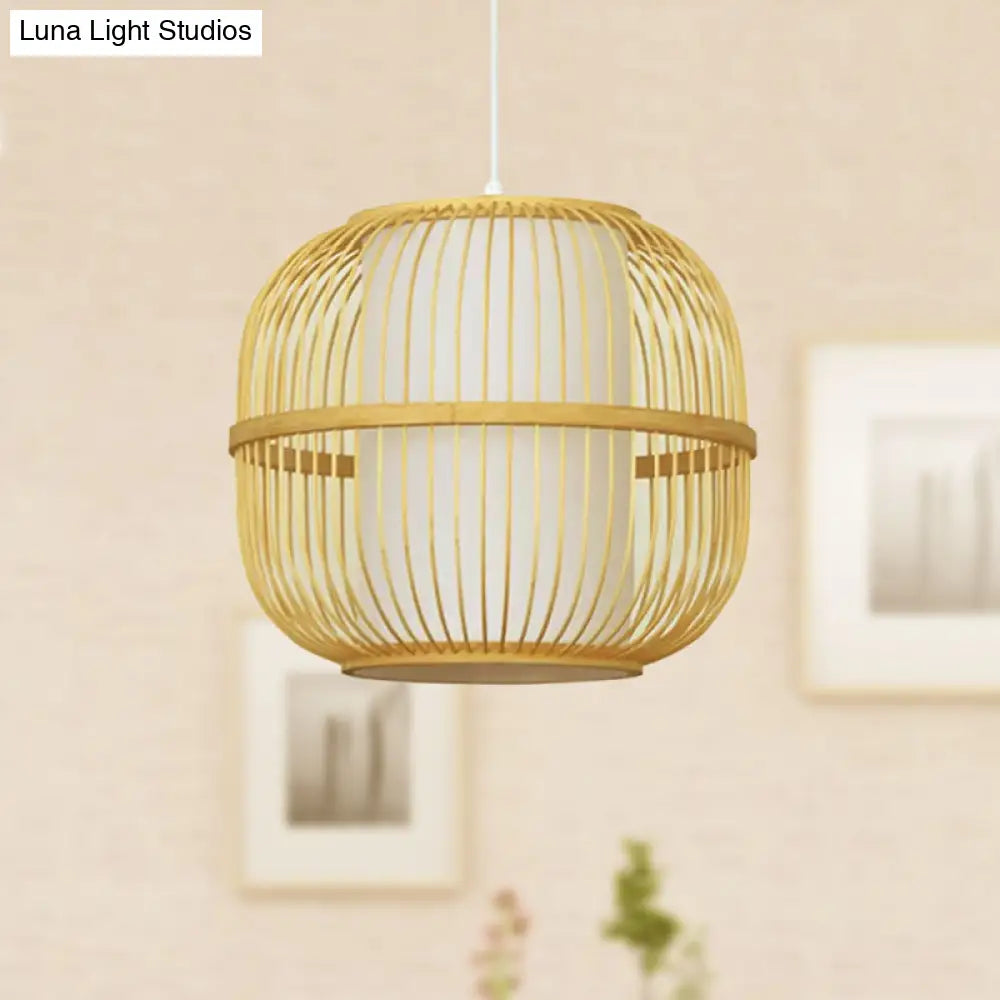 Contemporary Beige Bamboo Pendant Lamp With Inner Cylindrical Shade - 1-Light Ceiling Fixture